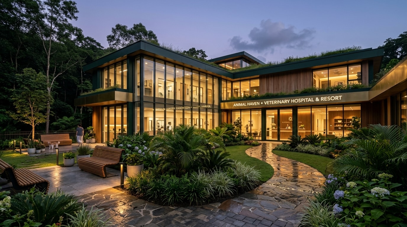 Kiến trúc resort bệnh viện thú y PetM&M sang trọng lúc hoàng hôn